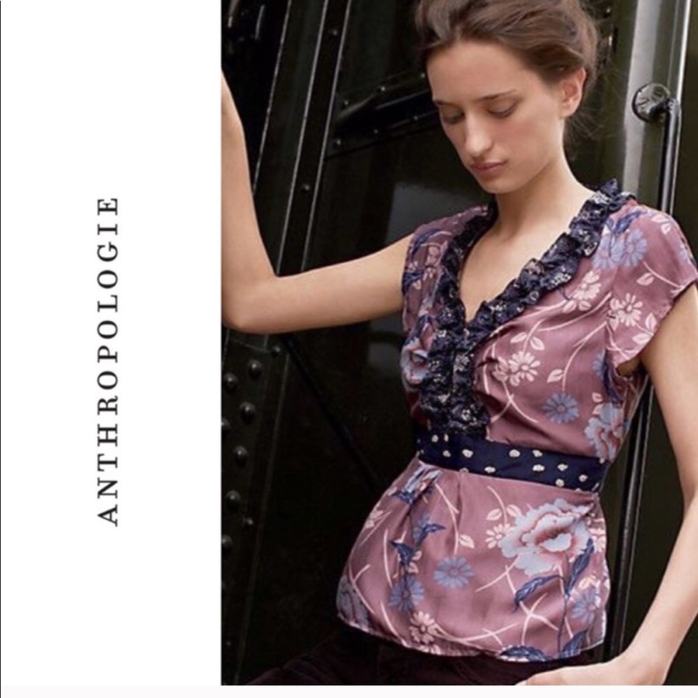 Odille Anthro 100% silk tie back blouse EUC